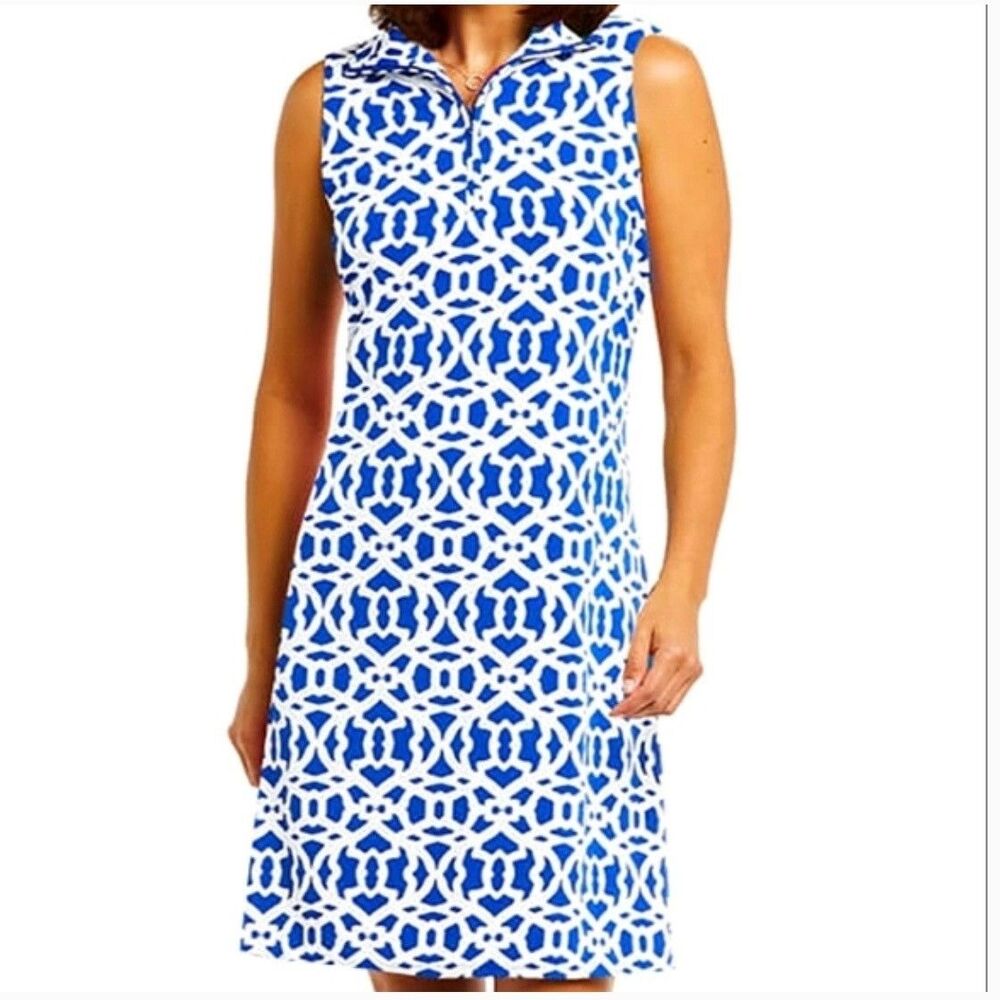 Gottex Lifestyle L Dress Blue Lattice UPF50+ Block UVA Mock Neck Sleeveless Tank